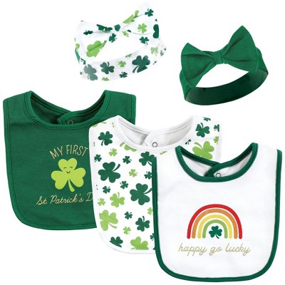 Hudson Baby Infant Girl Cotton Bib and Headband or Caps Set, St Patricks Rainbow, 0-9 Months