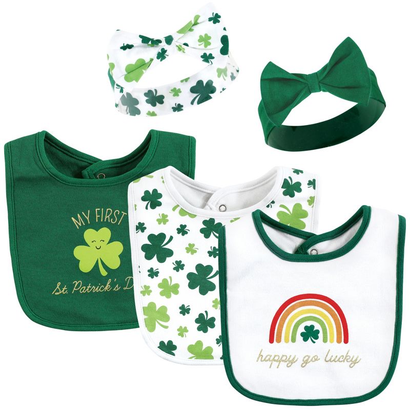 Hudson Baby Infant Girl Cotton Bib and Headband or Caps Set, St Patricks Rainbow, 0-9 Months, 1 of 7