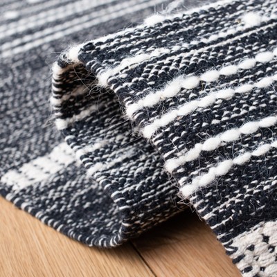 Black and Ivory Striped Wool Cotton Flat Woven Area Rug