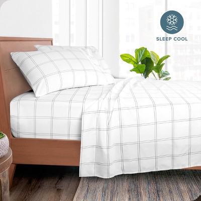 Full Modern Plaid White/Grey Microfiber Deep Pocket Sheet Set