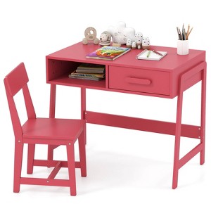 Costway Kids Desk and Chair Set with Storage Drawer and Hutch, Student Writing Desk Set Brown/Pink/White/Black - 1 of 4