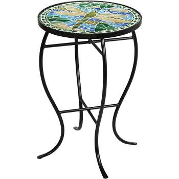 Teal Island Designs Modern Black Round Outdoor Accent Side Table 14" Wide Blue Green Dragonfly Mosaic Tabletop Front Porch Patio Home House