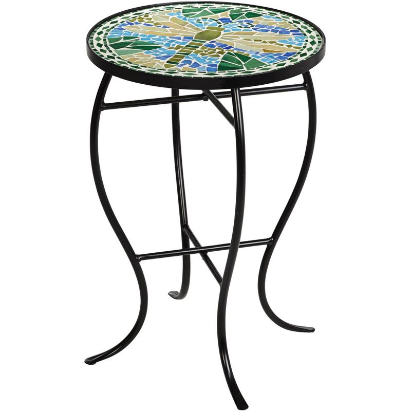 Teal Island Designs Modern Black Round Outdoor Accent Side Table 14" Wide Blue Green Dragonfly Mosaic Tabletop Front Porch Patio Home House, 1 of 8