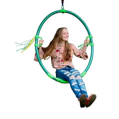 HearthSong Hoopla Powder-Coated Steel Spinning Ring Swing with Spinner, Streamers, Easy-Grip Handles, and Contour Seat