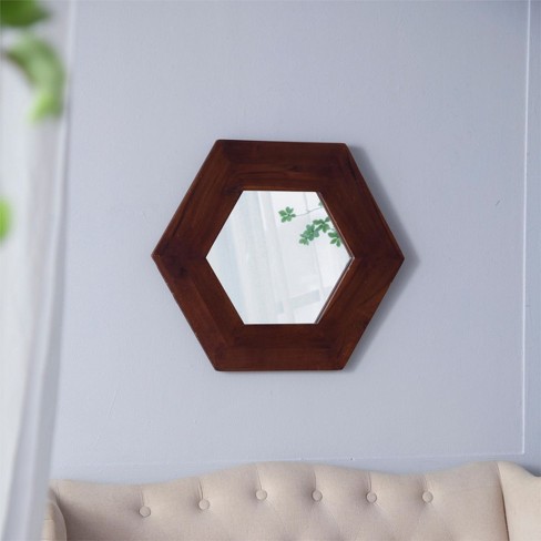 18"hexagon Small Wall Mirror With Teak Wood Frame,vintage Wall Mirror ...