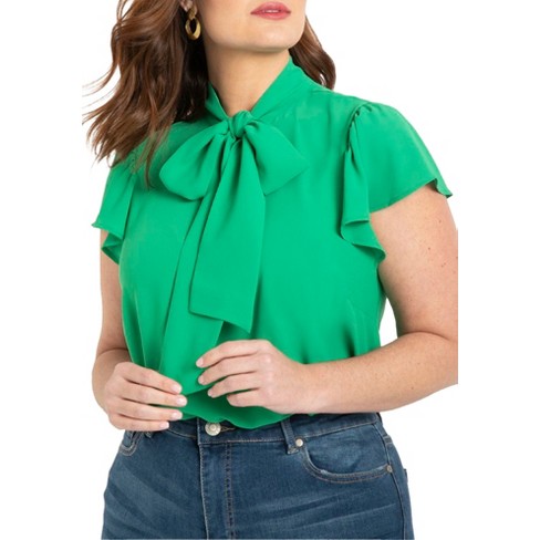 Eloquii Women's Plus Size Flutter Sleeve Tie Neck Blouse - 16, Green :  Target