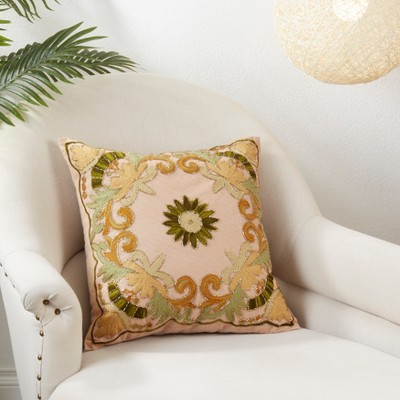 Green Embroidered Floral Beaded Cotton Throw Pillow