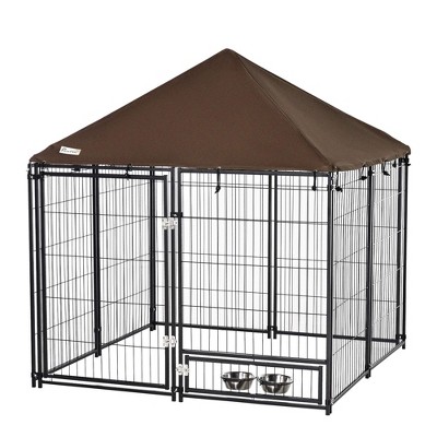 PawHut Outdoor Dog Kennel, 4.6' x 4.6' x 5' Puppy Play Pen with Canopy Garden Playpen Fence Crate Enclosure Cage Rotating Bowl, Black