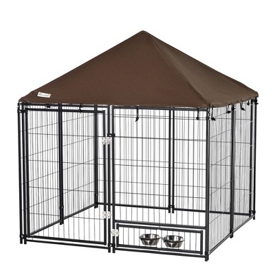 PawHut Outdoor Dog Kennel, Puppy Play Pen with Canopy Garden Playpen Fence Crate Enclosure Cage Rotating Bowl, Black