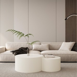Set of 2 Round Coffee Table Cocktail Table Drum Circle Center Table Side Table with Wave Stripe, Black/Beige-HABITRIO - 1 of 4