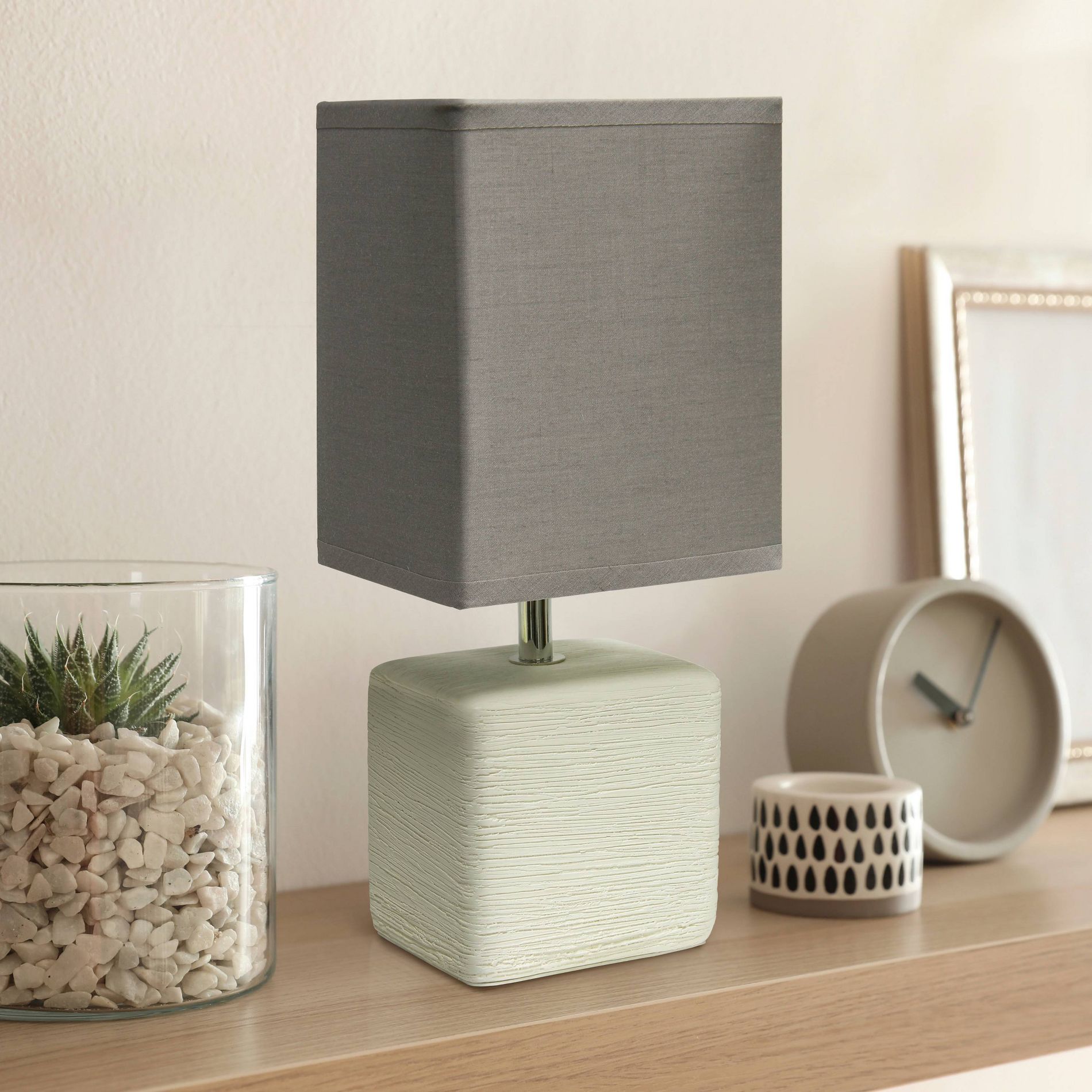 Simple Designs Petite Faux Stone Table Lamp with Fabric Shade White : Ceramic, ETL Listed, Modern Decor