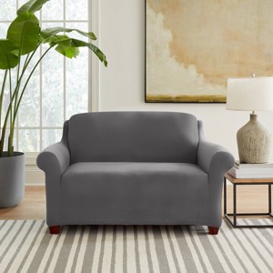Sure Fit Hampstead Stretch Velvet Loveseat Slipcover Charcoal Gray: Machine Washable, Pet Friendly, Indoor Use - 1 of 4