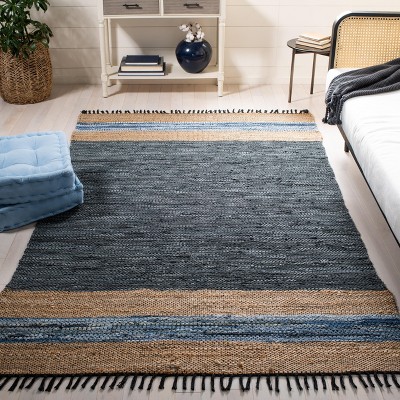 Handmade Blue and Natural Cotton Cowhide Striped 8' x 10' Area Rug