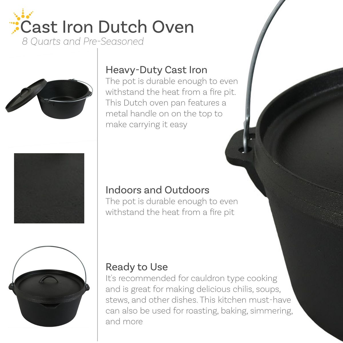 Sunnydaze Indoor/Outdoor Large Pre-Seasoned Cast Iron Dutch Oven Pot with Lid and Handle - 8 qt - Black - thumbnail 2