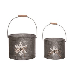 Transpac Metal 9.5 in. Gray Christmas Buckets with Dimensional Snowflake Set of 2 - 1 of 4