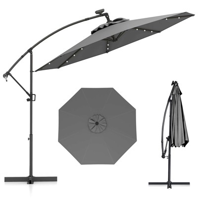 Tangkula 10FT Offset Umbrella 360° Rotation Sun Shade Solar Powered LED Gray Patio