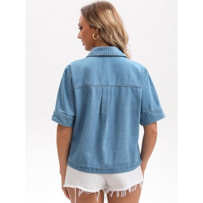 INSPIRE CHIC Women's Short Sleeve Denim Button Down Turndown Collar Casual Jean Jackets Dark Blue Medium — фото 2