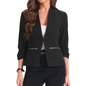 Allegra K Women's 3/4 Sleeve Zipper Pockets Collarless Blazer - 1 of 4