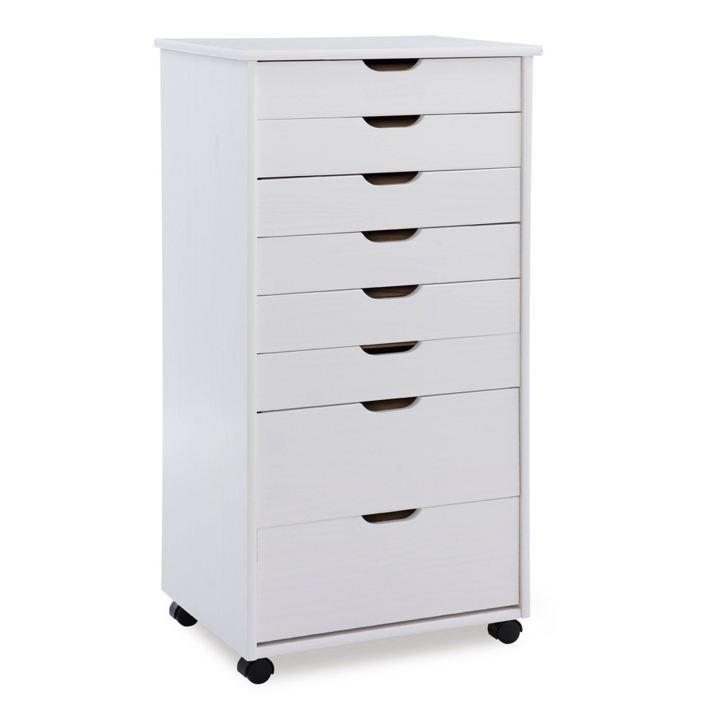 Cary Transitional 8 Drawer Solid Wood Contoured Handle Cut Out Rolling Storage Cart White - Linon: Pine Frame