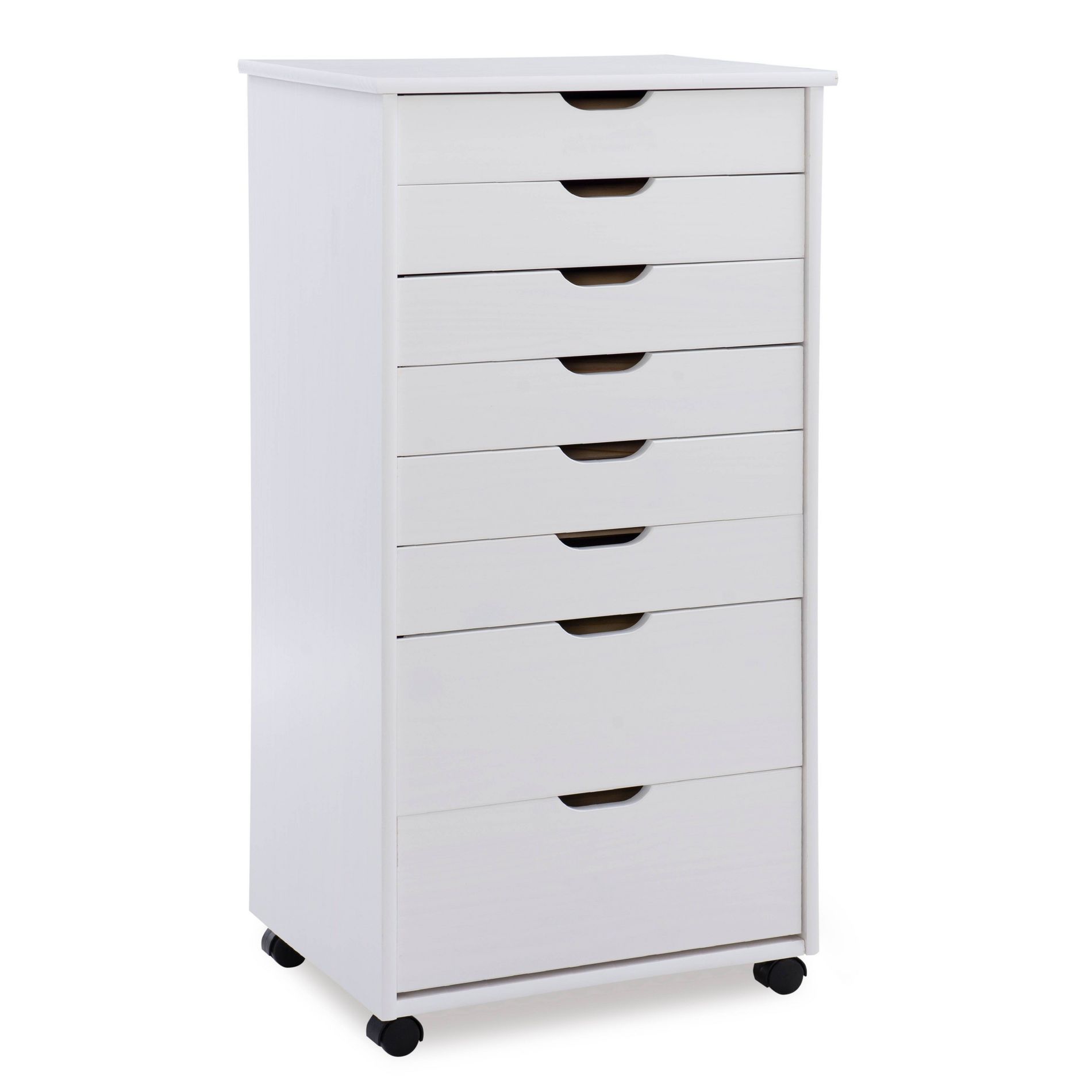 Cary Transitional 8 Drawer Solid Wood Contoured Handle Cut Out Rolling Storage Cart White - Linon: Pine Frame