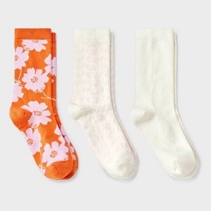 Women's Floral 3pk Crew Socks - A New Day™ Orange/Pink/Ivory 4-10: Tagless, Smooth Toe Seams - 1 of 3