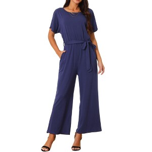 Seta T Women's Crewneck Short Sleeve Belted High Waist Wide Leg Jumpsuits with Pockets - 1 of 4