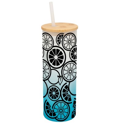 Elanze Designs Citrus Summer Lemon Lime Orange Wrap-Around Design 25 Ounce Frosted Gradient Glass On-The-Go Coffee Travel Skinny Tumbler Mug Cup,