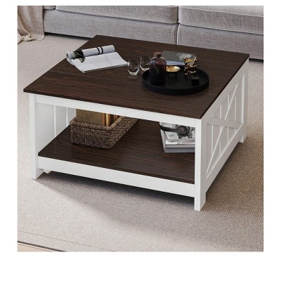 Coffee Table With Storage Farmhouse Coffee Table Wood Cocktail Table Square Living Room Table With Half Open Storage Compartment Dark Brown