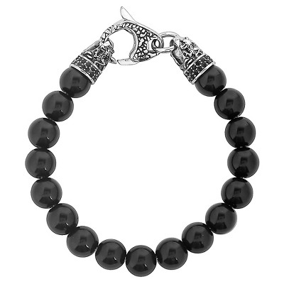 Men s Onyx Stone Antiqued Stainless Steel Clasp Beaded Bracelet