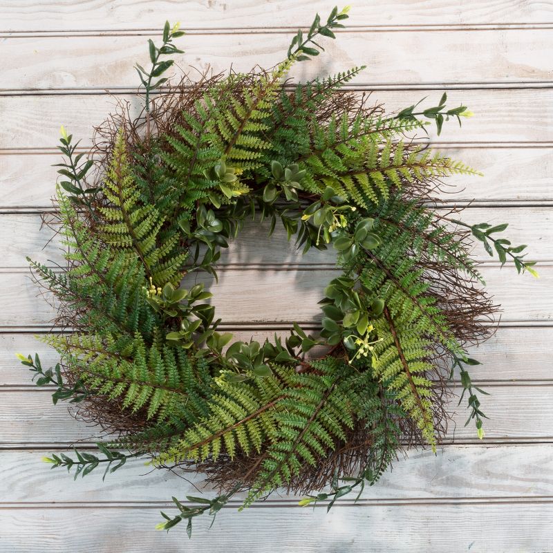 Artificial Fern Door Wreath on Grapevine Base - 21-Inch UV-Resistant Greenery with Blossoms - Slim Size for Front Porch Decor by Nature Spring (Green), 2 of 8