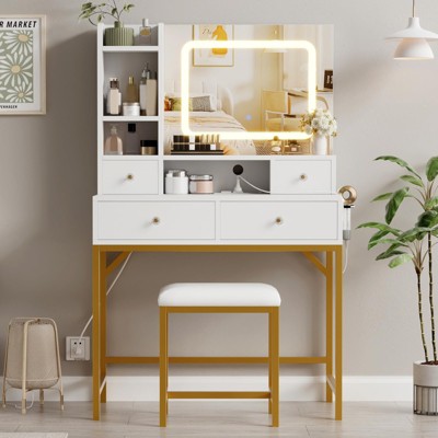 Vanity Desk, Makeup Desk and Stool with Lights, 2 Drawers & Storage Shelves, Sliding Mirror, Girls Vanity Table for Bedroom