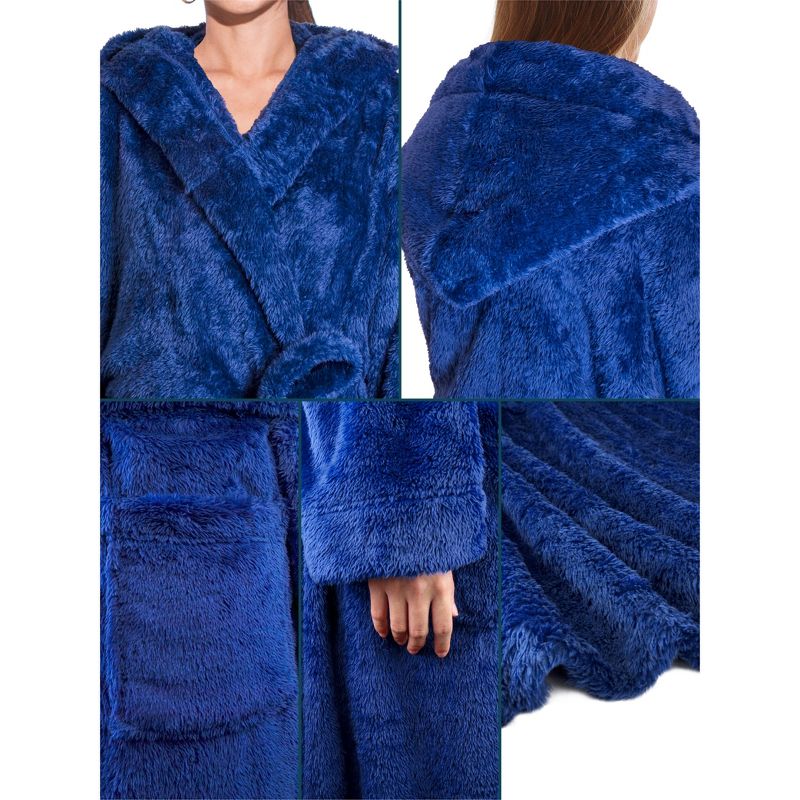 PAVILIA Women Hooded Plush Soft Robe, Fluffy Warm Fleece Faux Shearling Shaggy Bathrobe, 4 of 8
