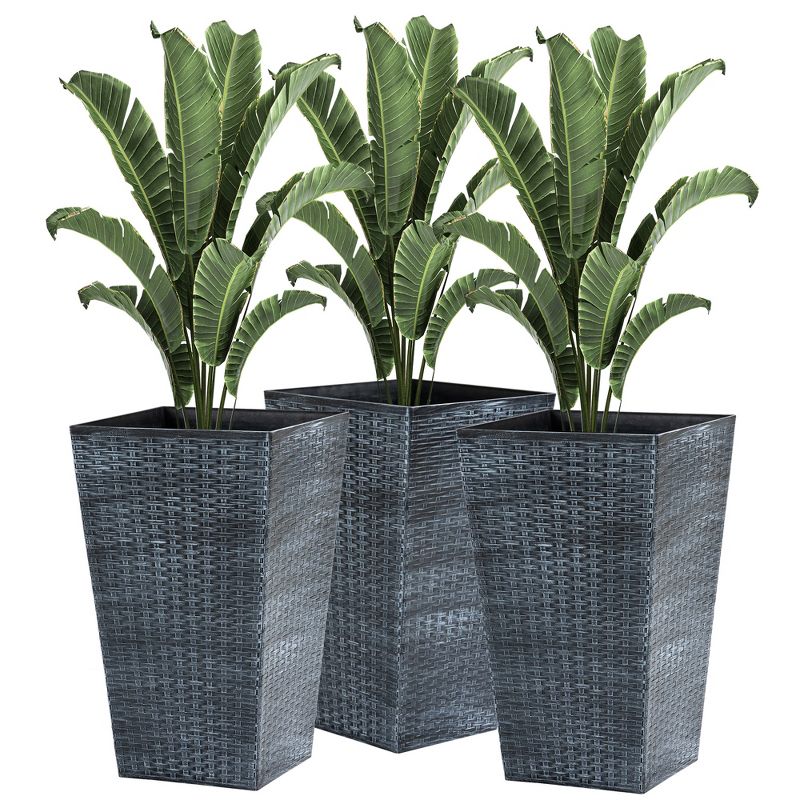 Outsunny Set of 3 Tall Planters with Drainage Holes, Outdoor & Indoor Flower Pot Set for Front Door, Entryway, Patio and Deck, Gray, 1 of 7