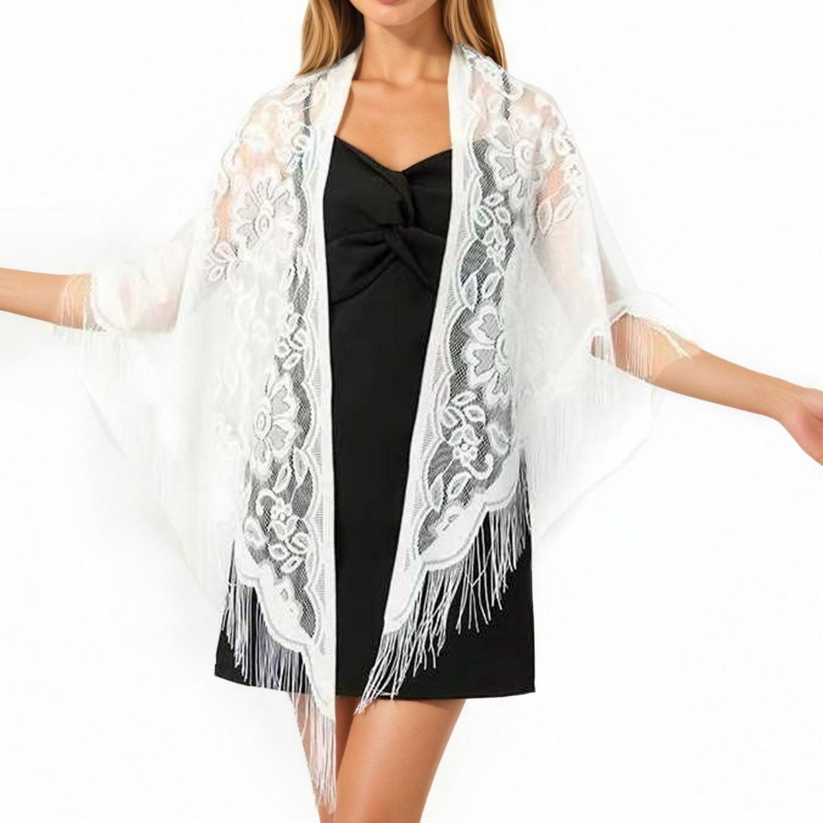 Anna-Kaci Women's Sheer Lace Shawl with Floral Embroidery and Fringe Hem Detailing - One Size Fits Most, White