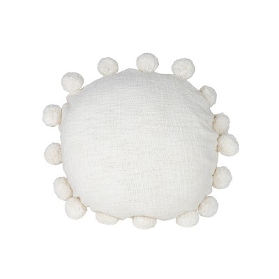 White With Pom Poms 16x16 Hand Woven Filled Round Pillow - Foreside ...