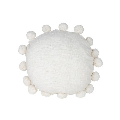 White with Pom Poms 16X16 Hand Woven Filled Round Pillow - Foreside Home & Garden