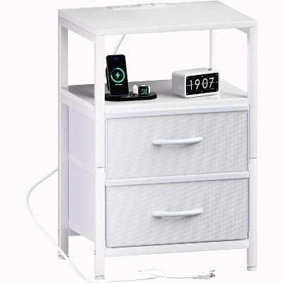 Simple Trending Nightstand with Charging Station, Bed Side Table with Adjustable Fabric Drawer
