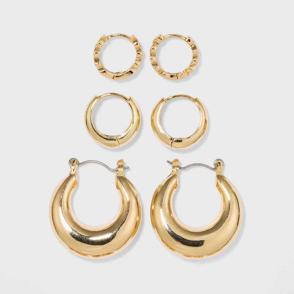 Photos - Earrings Trio Hoop Earring Set 3pc - Wild Fable™ Gold