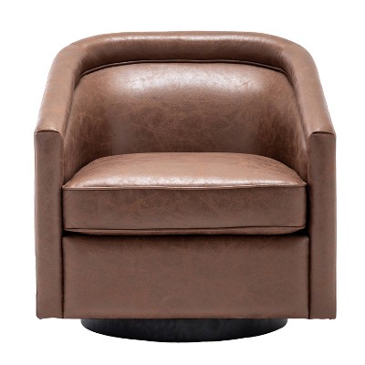 Classic Swivel Barrel Chair Walnut Faux, White Leather Swivel Tub Chair