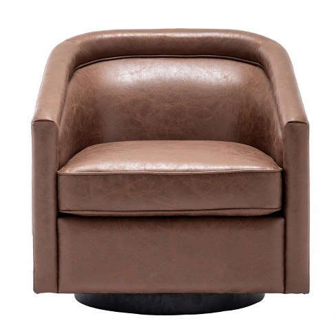 Classic Swivel Barrel Chair Walnut Faux Leather WOVENBYRD