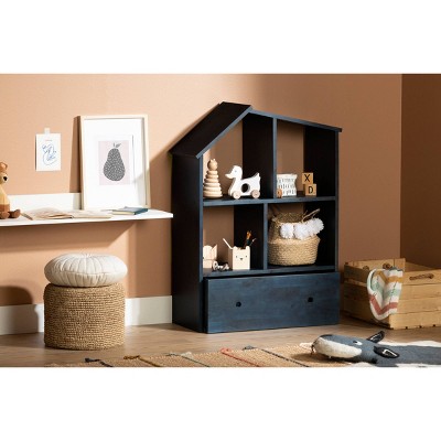 Scandinavian House-Shaped Kids Bookcase with Storage in Dark Blue