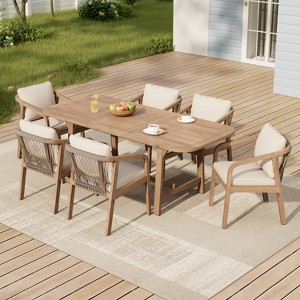 Christopher Knight Home Olcott 7 Piece Outdoor Acacia Wood Dining Set with Expandable Table and Rope Woven Armchairs - 1 of 4