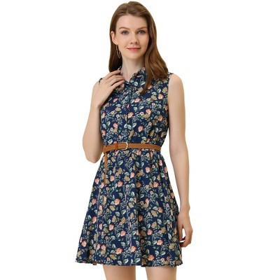 INSPIRE CHIC Women's Floral Sleeveless Half Placket Mini Belted Summer Dress