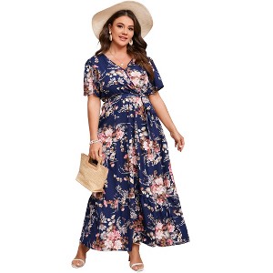 Whizmax Plus Size V Neck Wrap Maxi Dress for Women High Waist Short Sleeves Casual Floral Summer Dress with Belt - 1 of 4