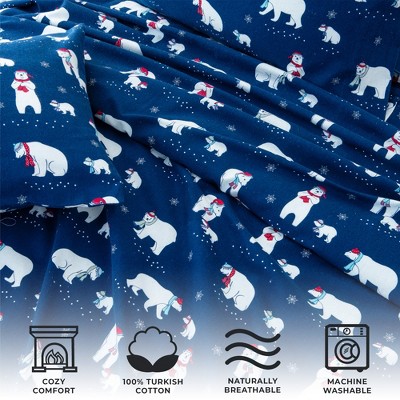 Full Size Navy Polar Bear Cotton Flannel Sheet Set