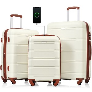 3 Pieces Spinner Wheels Luggage Set, 20-inch With USB Port, Expandable 24" And 28", 360-degree Rotating Wheels Suitcase With Cup Holder, Side Hooks - 1 of 4