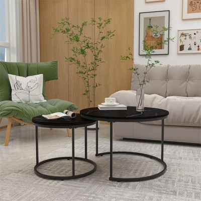 Nesting Coffee Table Set of 2, 27.6inch Round Coffee Table Wood Marble Pattern Top with Sturdy Metal Frame, End Table Side Tables