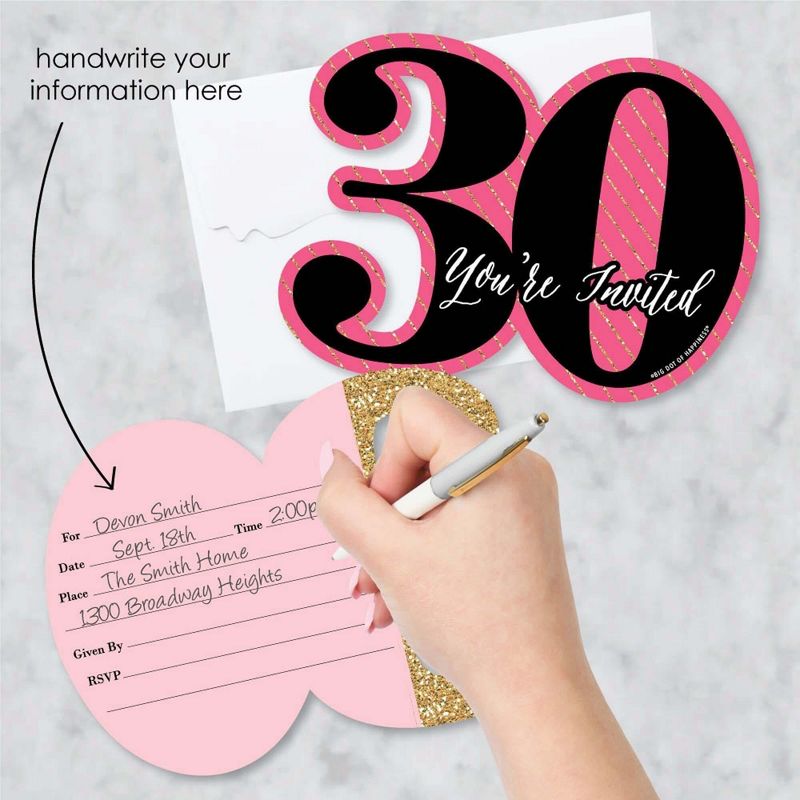 Big Dot of Happiness Chic 30th Birthday - Pink, Black and Gold - Shaped Fill-in Invites - Birthday Party Invitation Cards with Envelopes - Set of 12, 2 of 8