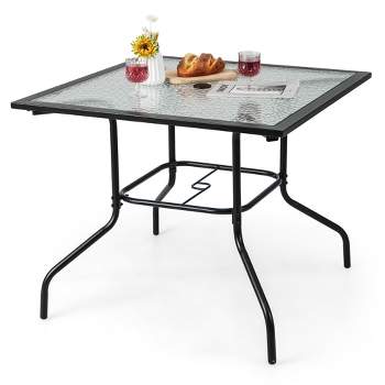 Tangkula 35" Patio Dining Table Square Outdoor Dining Table w/ Tempered Glass Tabletop Black