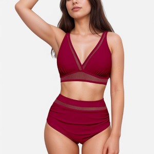Anna-Kaci Swim Women's Two Piece Swimsuit with Mesh Trim Deep V Neck Bikini Top and High Waisted Ruched Bottoms - 1 of 4